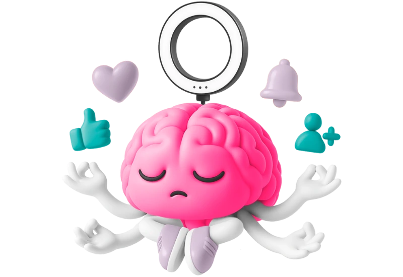Community Management para psicólogos - cerebrito meditando con múltiples brazos y elementos de redes sociales flotando.