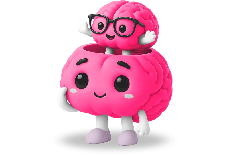 Cursos para psicólogos - cerebrito con gafas saliendo de otro cerebrito, simbolizando mentoría y formación.