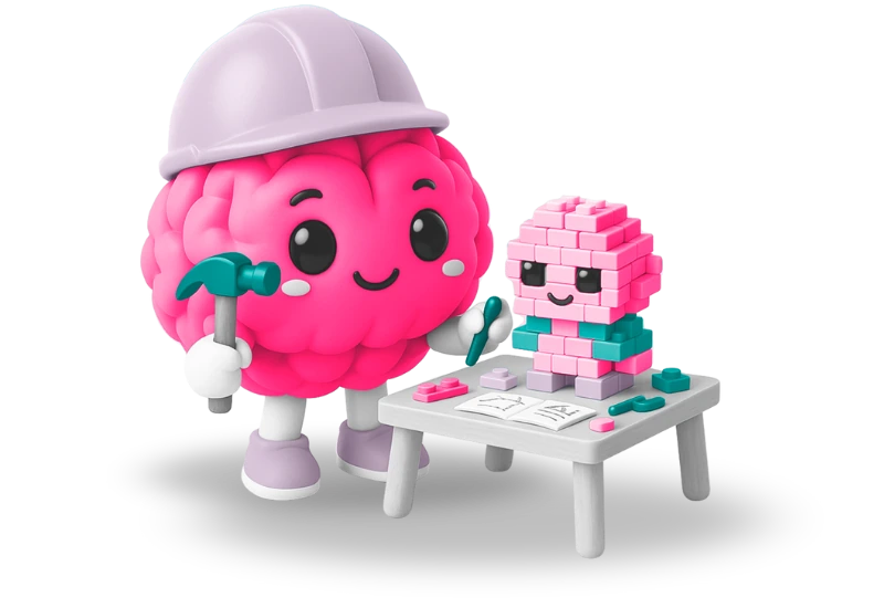 Desarrollo de productos para psicólogos - cerebrito con casco construyendo un modelo con bloques y planos.