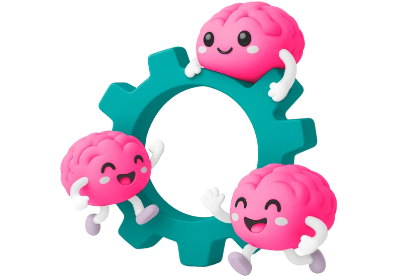 Logística digital para psicólogos - tres cerebritos colaborando sobre un engranaje verde.