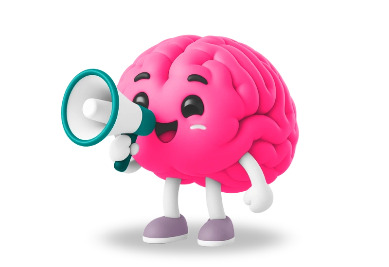 Marketing para psicólogos - cerebrito sonriente usando un megáfono para comunicar con energía.
