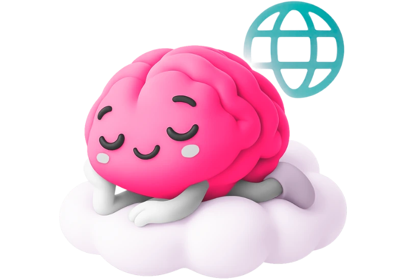 Páginas web y SEO para psicólogos - cerebrito dormido sobre una nube con un símbolo de internet flotando.