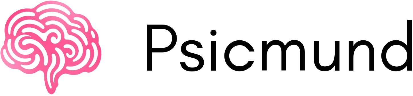 Logotipo de Psicmund - ilustración de cerebro en rosa con estilo de huella digital junto al nombre.